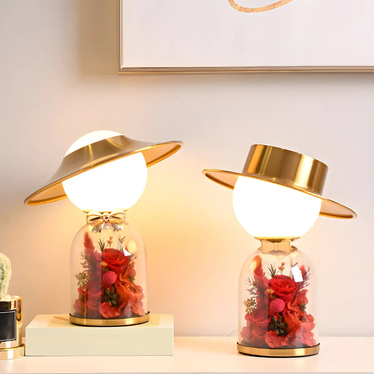 Romantic Glass Dome Gold Table Lamp with Flowers LED Image - 5