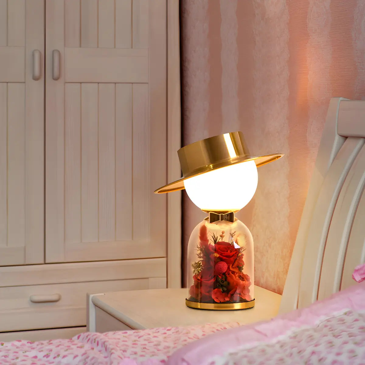 Romantic Glass Dome Gold Table Lamp with Flowers LED Image - 6