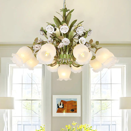 Romantic Green Floral Glass Chandelier for Living Room Image - 1