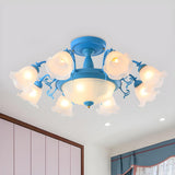 Romantic Large Blue Flower Glass Semi-Flush Mount Light Image - 13