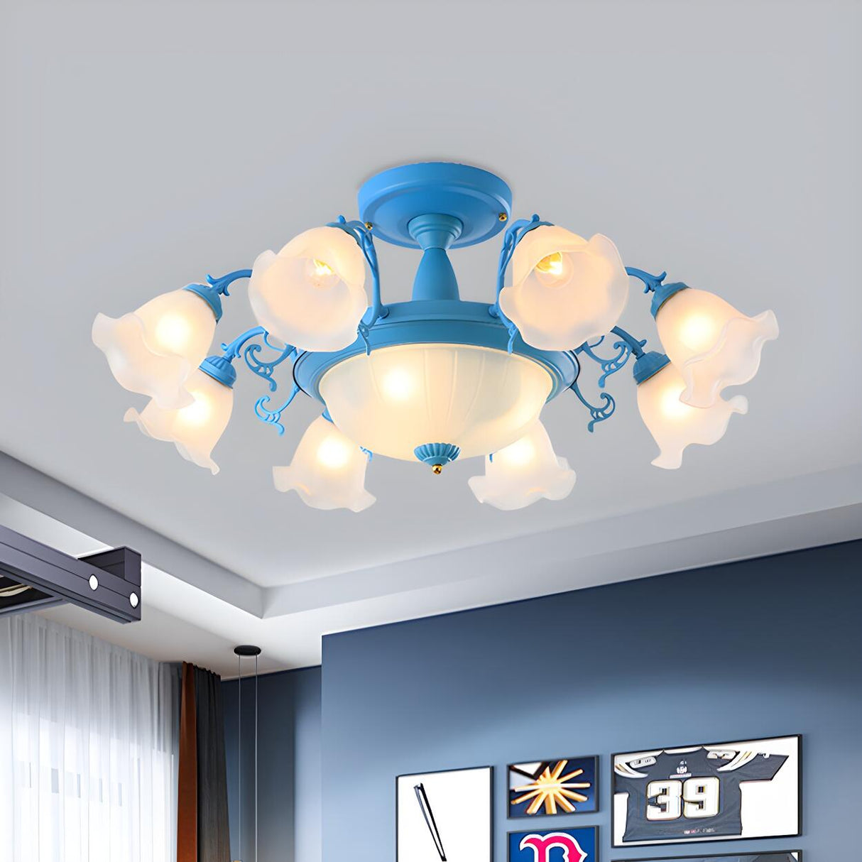 Romantic Large Blue Flower Glass Semi-Flush Mount Light Image - 14