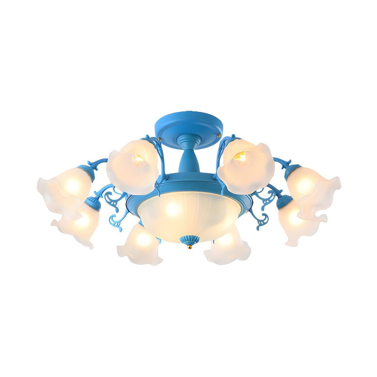 Romantic Large Blue Flower Glass Semi-Flush Mount Light Image - 15