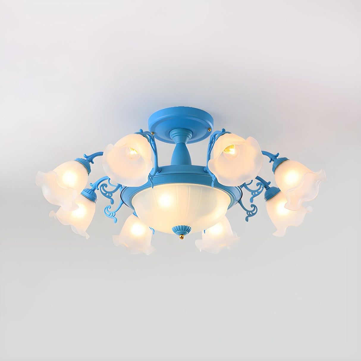 Romantic Large Blue Flower Glass Semi-Flush Mount Light Image - 16