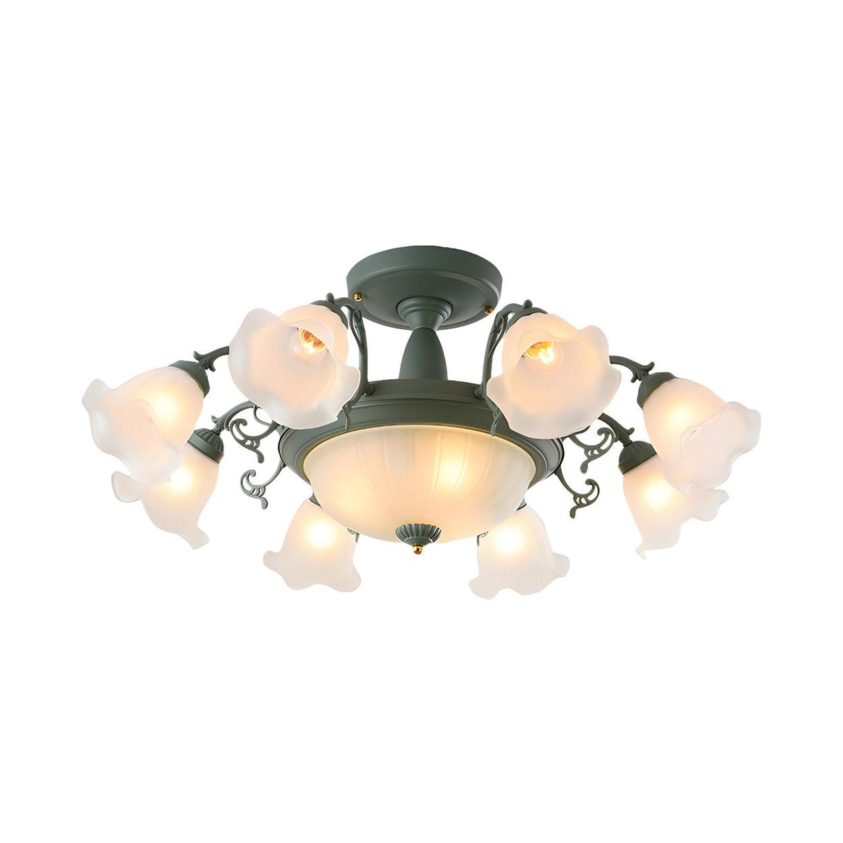 Romantic Large Blue Flower Glass Semi-Flush Mount Light Image - 24