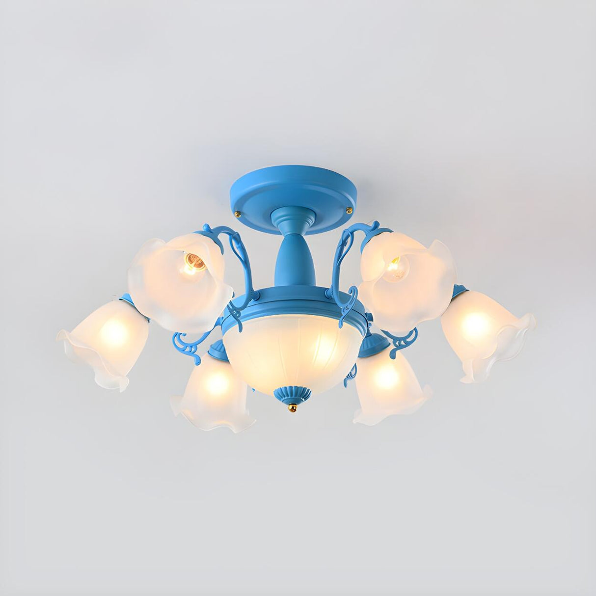 Romantic Large Blue Flower Glass Semi-Flush Mount Light Image - 3