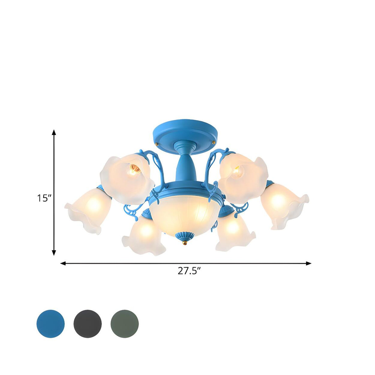 Romantic Large Blue Flower Glass Semi-Flush Mount Light Image - 4