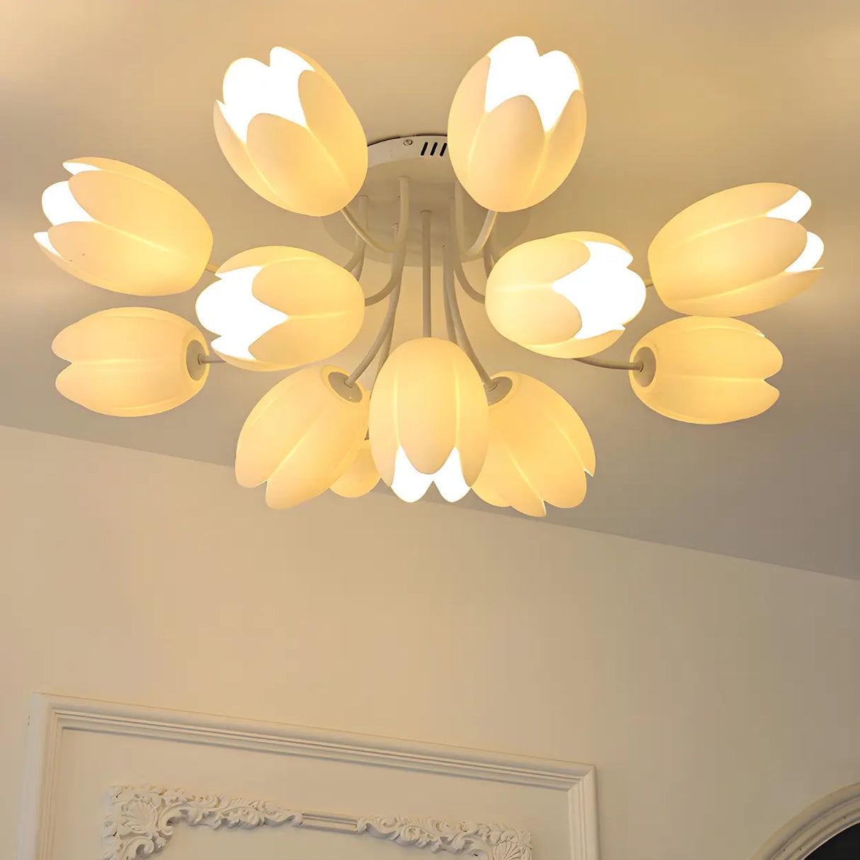 Romantic Large Tulip Ceramics Semi-Flush Mount Light Image - 5