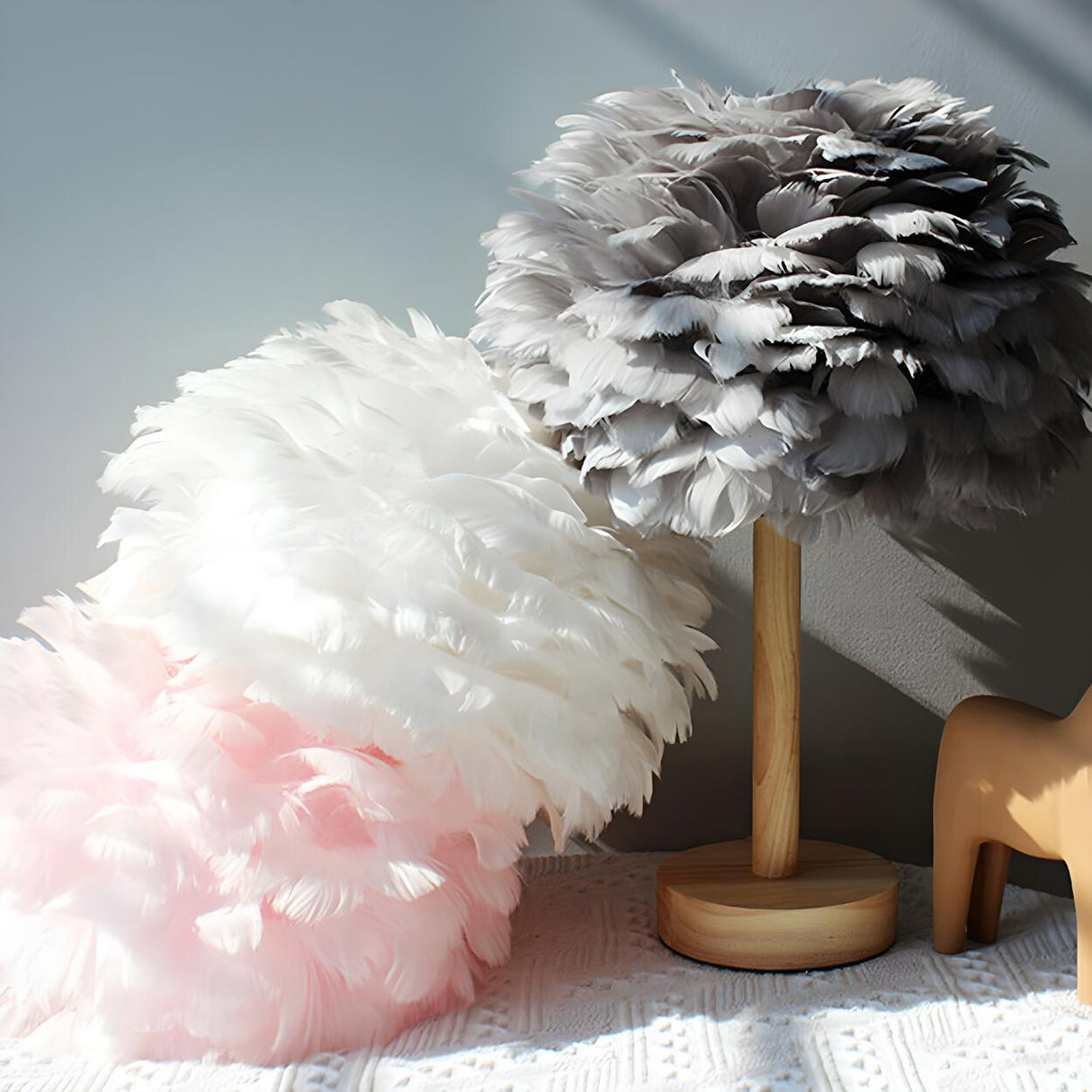 Romantic Nordic Feather Wood Base Decor Table Lamp Image - 11