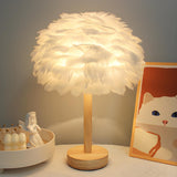 Romantic Nordic Feather Wood Base Decor Table Lamp Image - 3