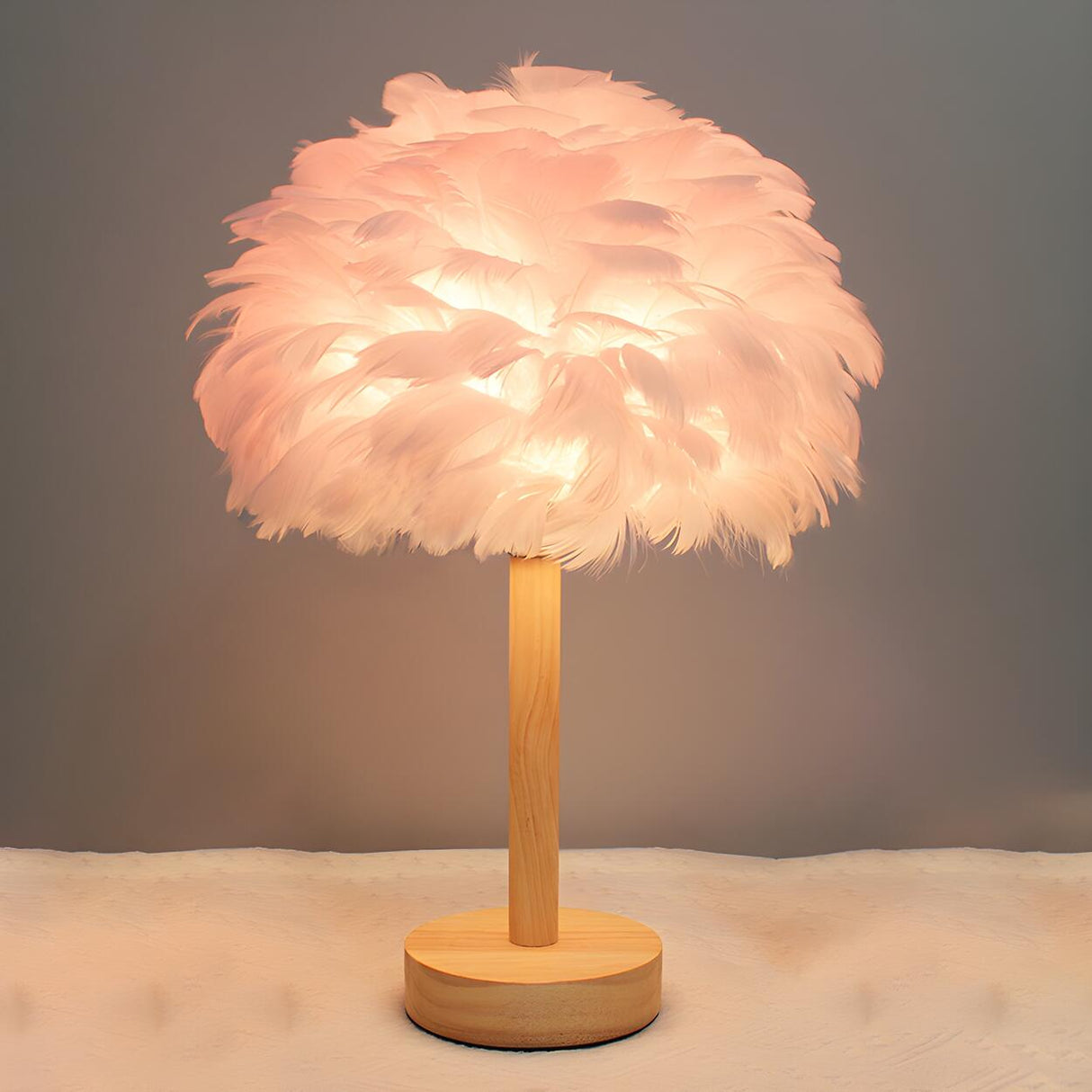 Romantic Nordic Feather Wood Base Decor Table Lamp Image - 6