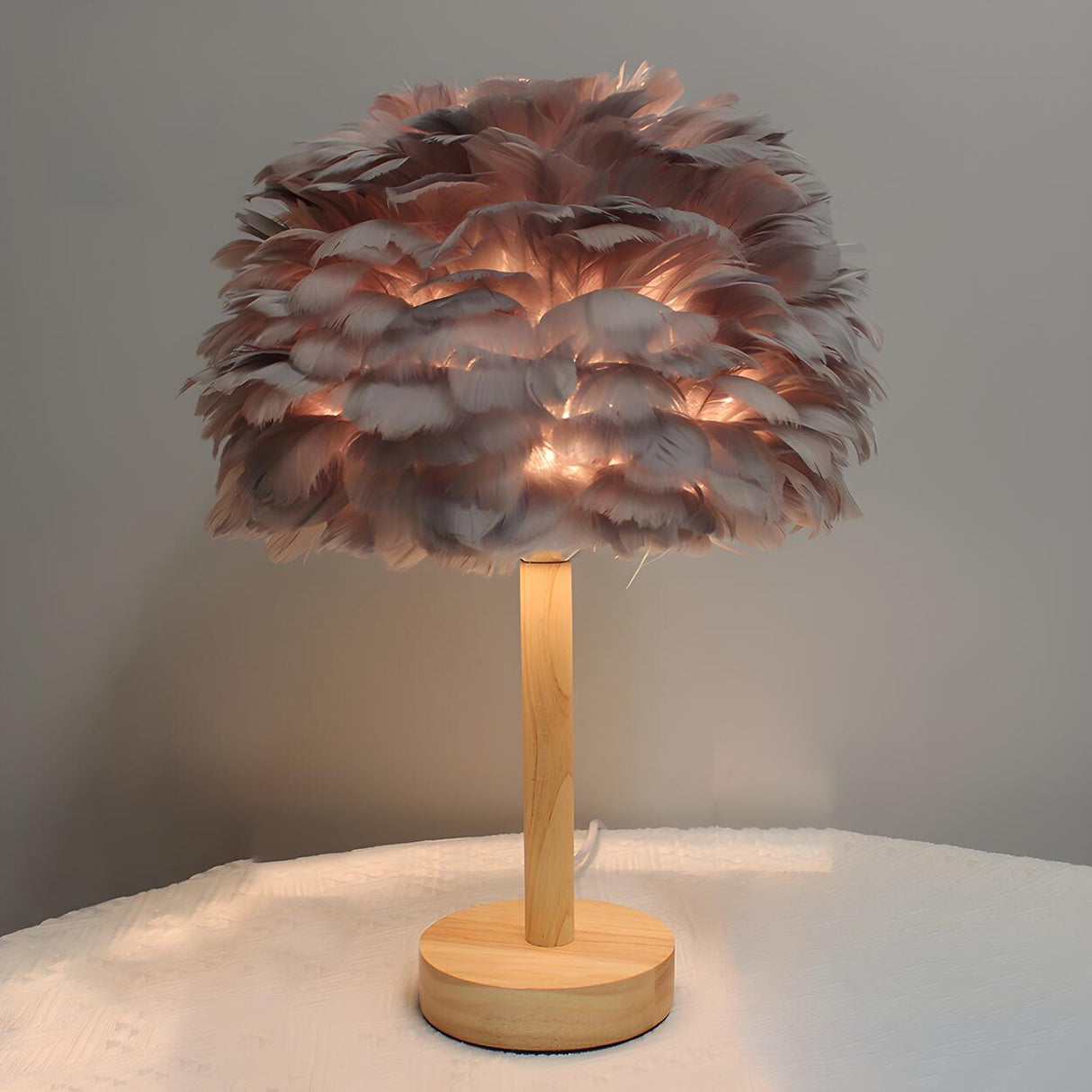 Romantic Nordic Feather Wood Base Decor Table Lamp Image - 7