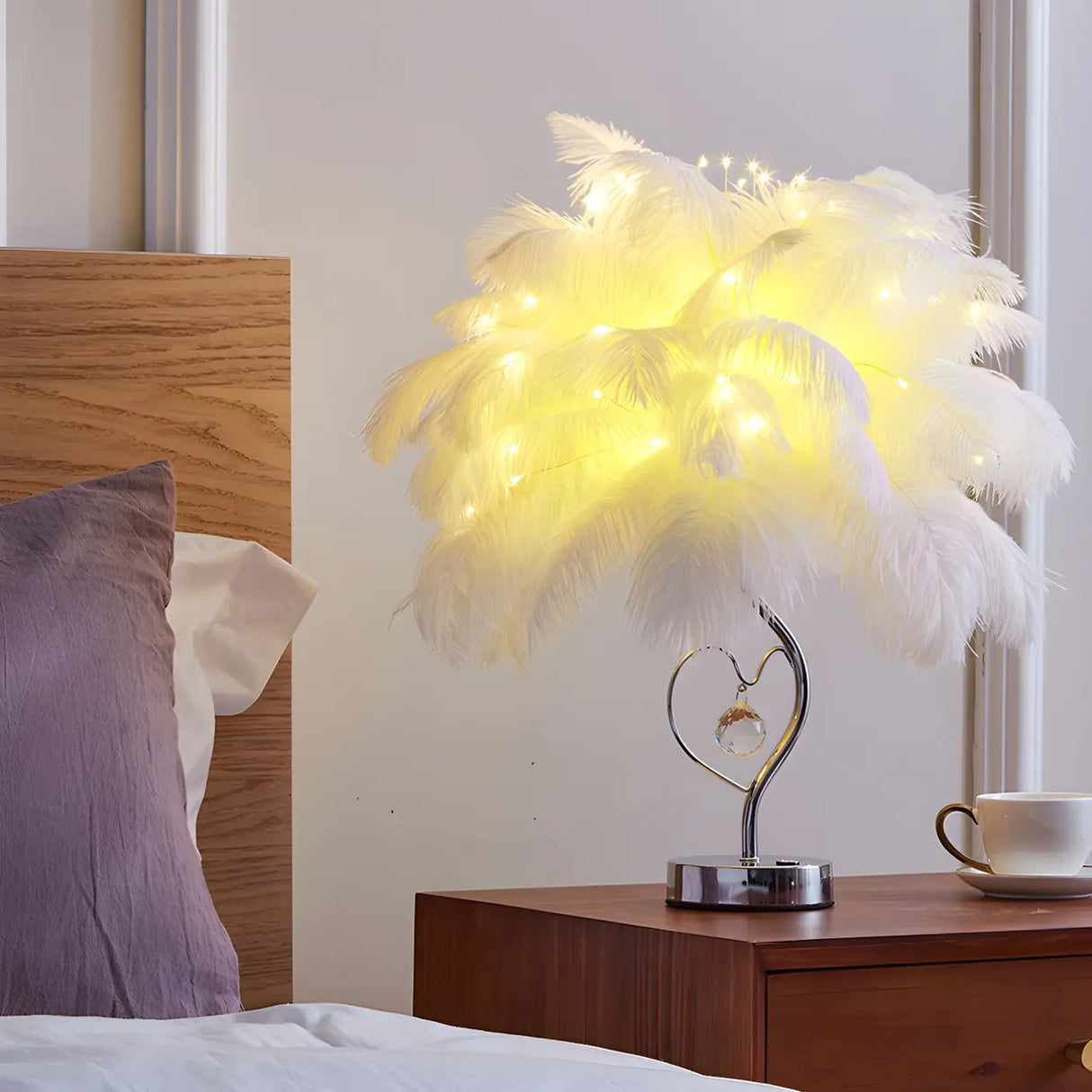 Romantic Palm Tree Feather LED Bedroom Decor Table Lamp Image - 2