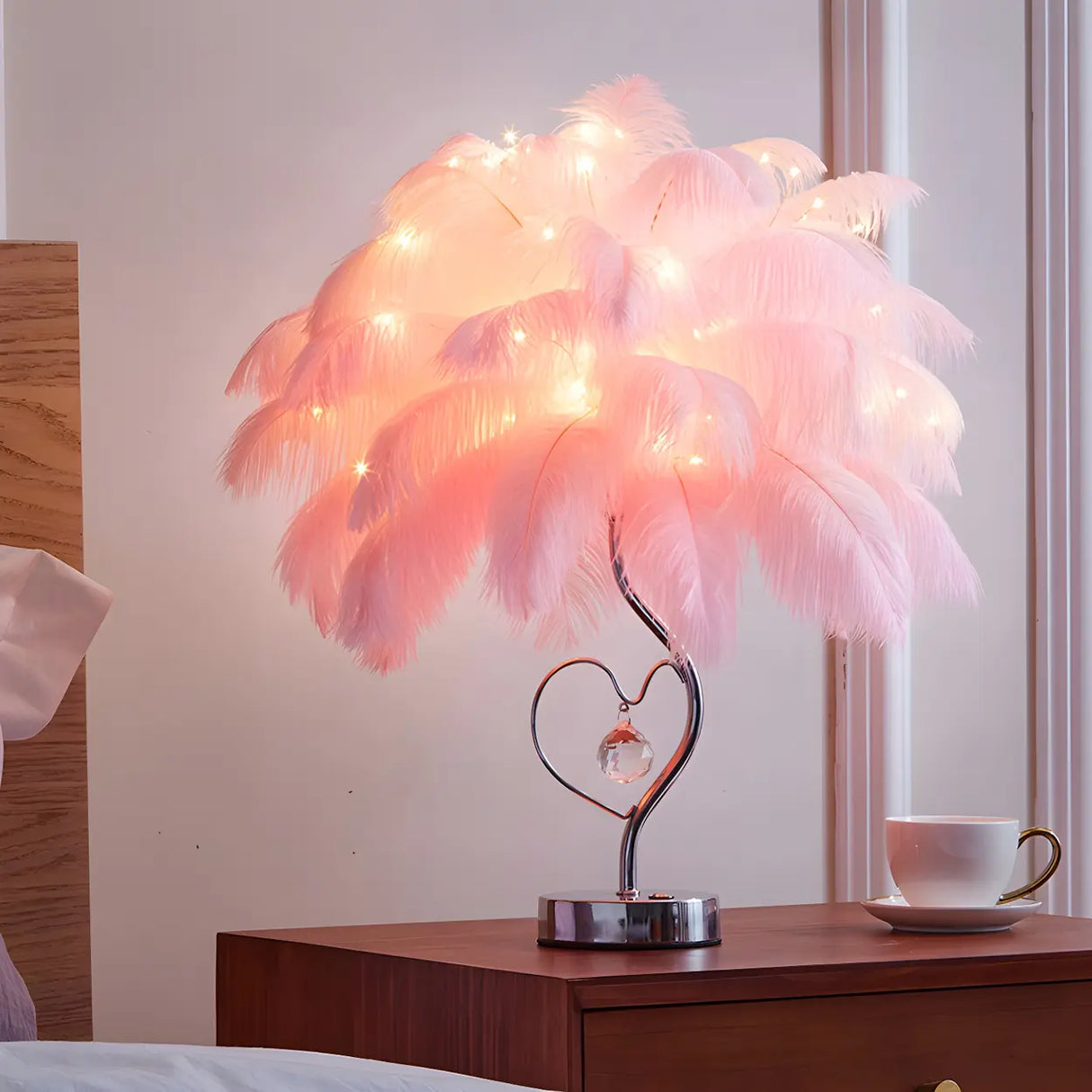 Romantic Palm Tree Feather LED Bedroom Decor Table Lamp Image - 4