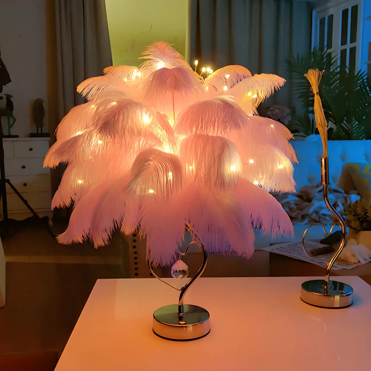 Romantic Palm Tree Feather LED Bedroom Decor Table Lamp Image - 5