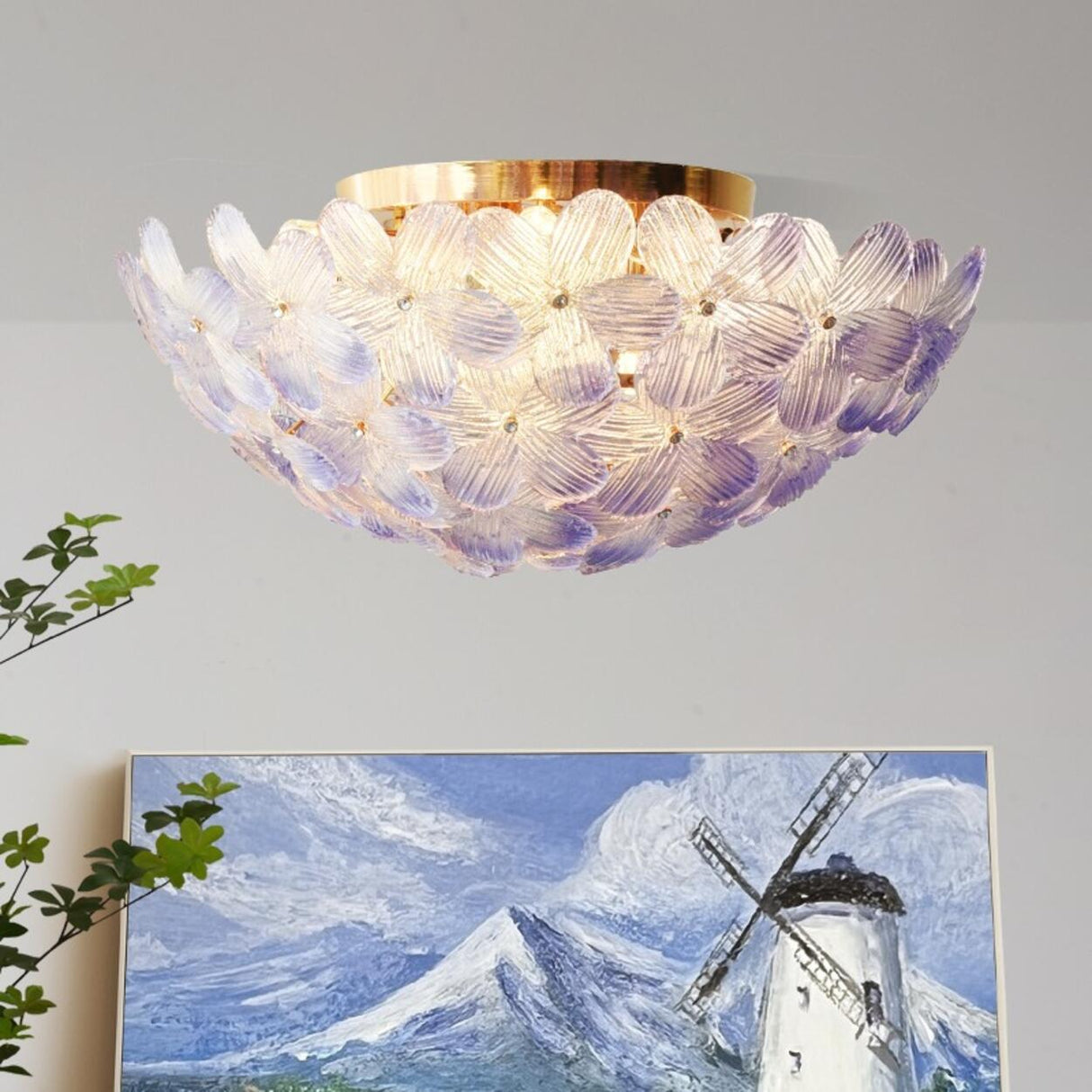 Romantic Purple Flower Glass Flush Mount Ceiling Light Image - 1