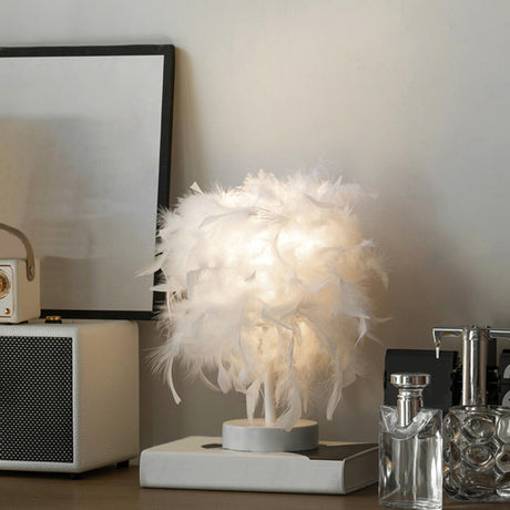 Romantic White Feather Lampshade Bedside Table Lamp Image - 1