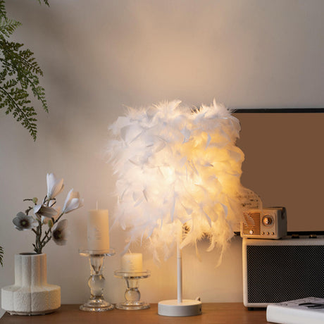 Romantic White Feather Lampshade Bedside Table Lamp Image - 2