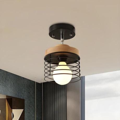 Rotatable Black Iron Cage Semi-Flush Mount Ceiling Lamp Image - 1