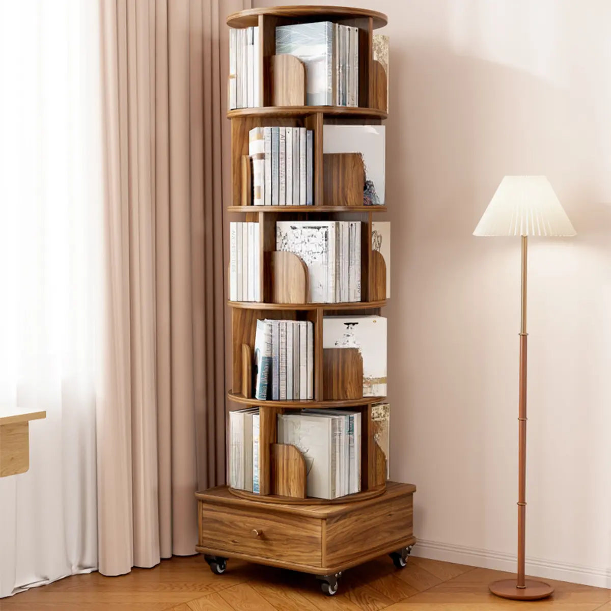 Rotating Rustic Vertical Wood Narrow Storage Bookcase Image - 1