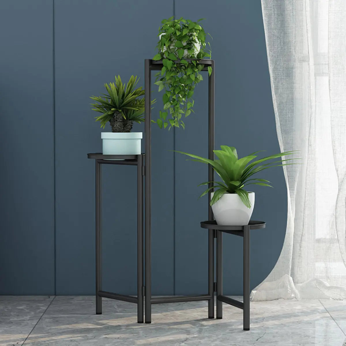 Round 3-Tier Metal Floor Pedestal Plant Stand Black Image - 7