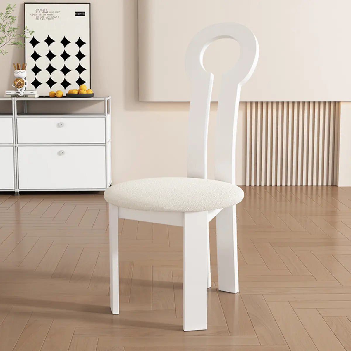 Round Beige Seat Wooden Key Slat Back Dining Chair Image - 15