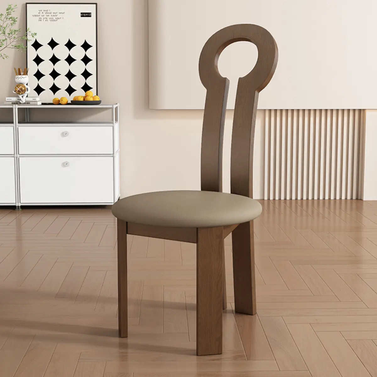 Round Beige Seat Wooden Key Slat Back Dining Chair Image - 3