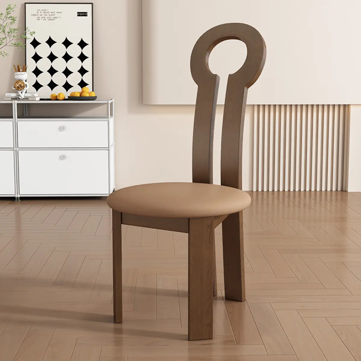 Round Beige Seat Wooden Key Slat Back Dining Chair Image - 5