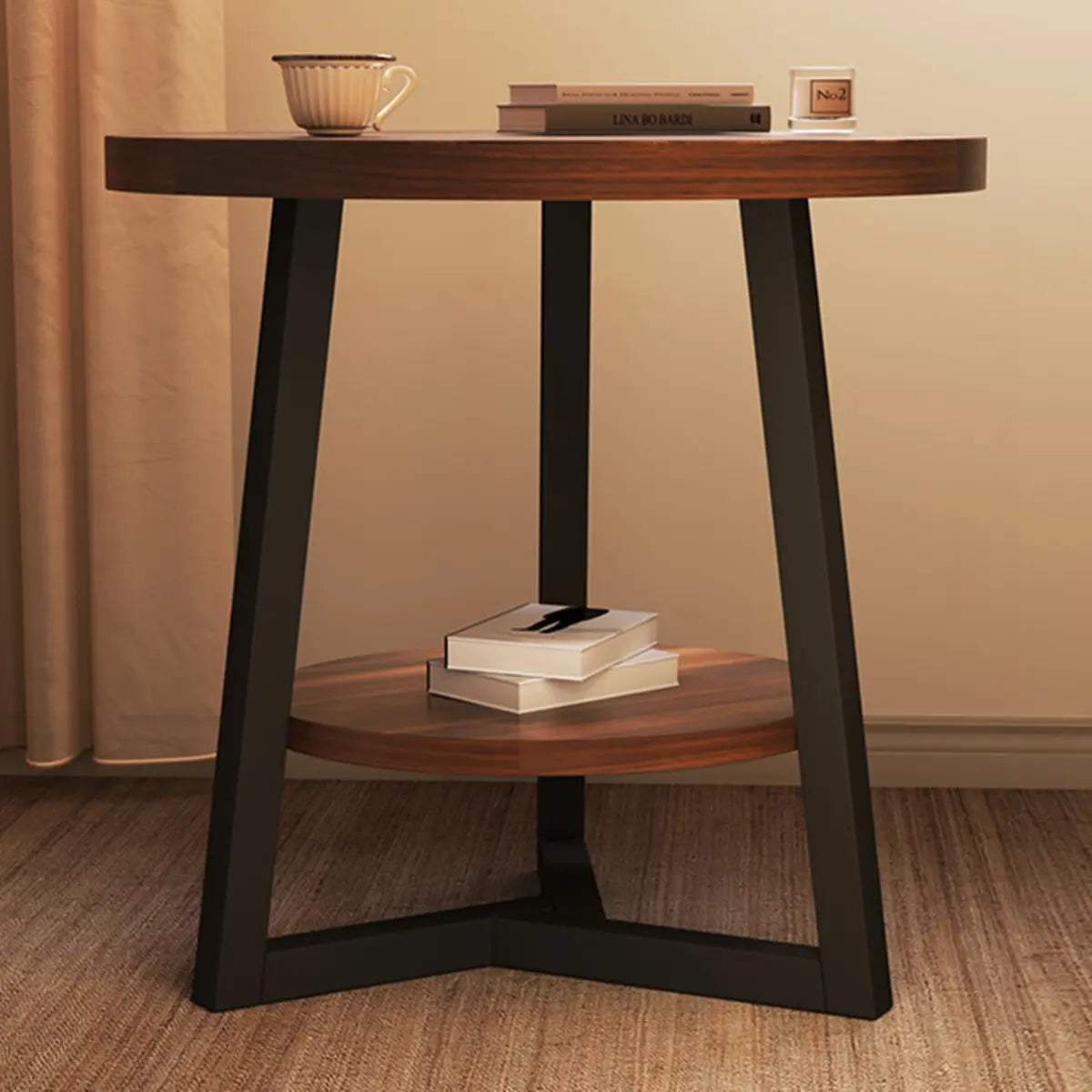 Round Brown Manufactured Wood and Steel Chairside Table Image - 4