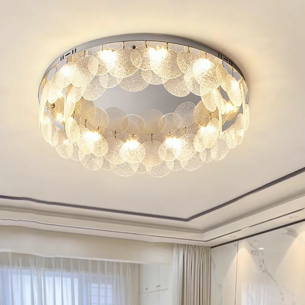 Round Clear Glass Flake Flush Mount Ceiling Light Image - 8