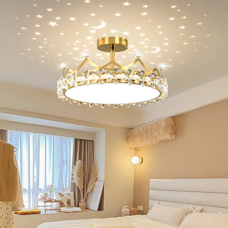 Round Crown Gold Flower Crystal Starry Bedroom Chandelier Image - 1