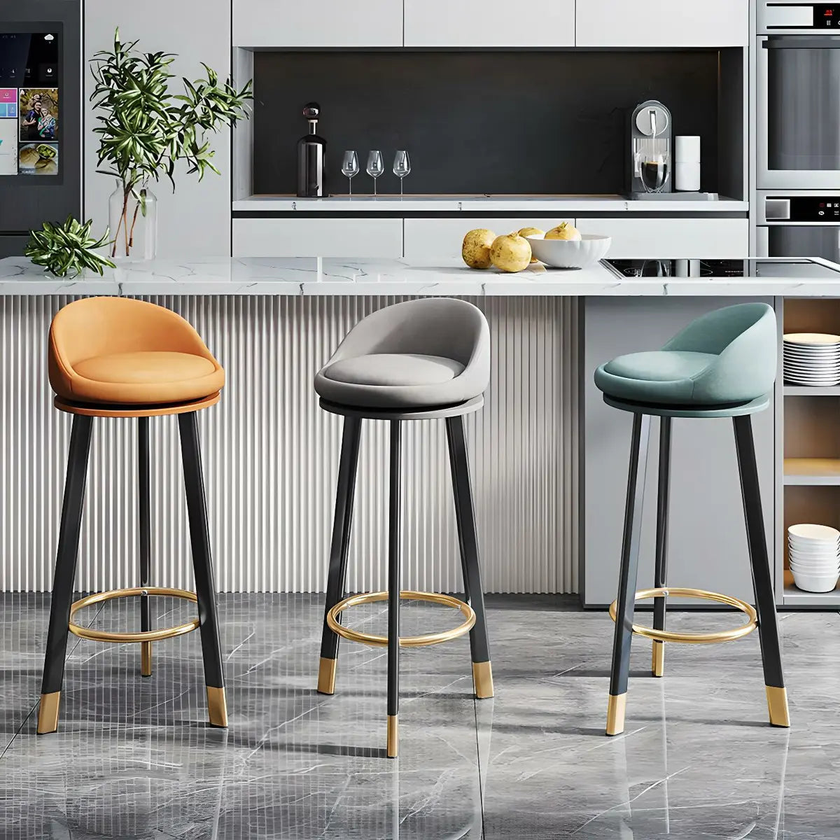 Round Fabric Upholstered Metal Tripod Armless Bar Stool Image - 4