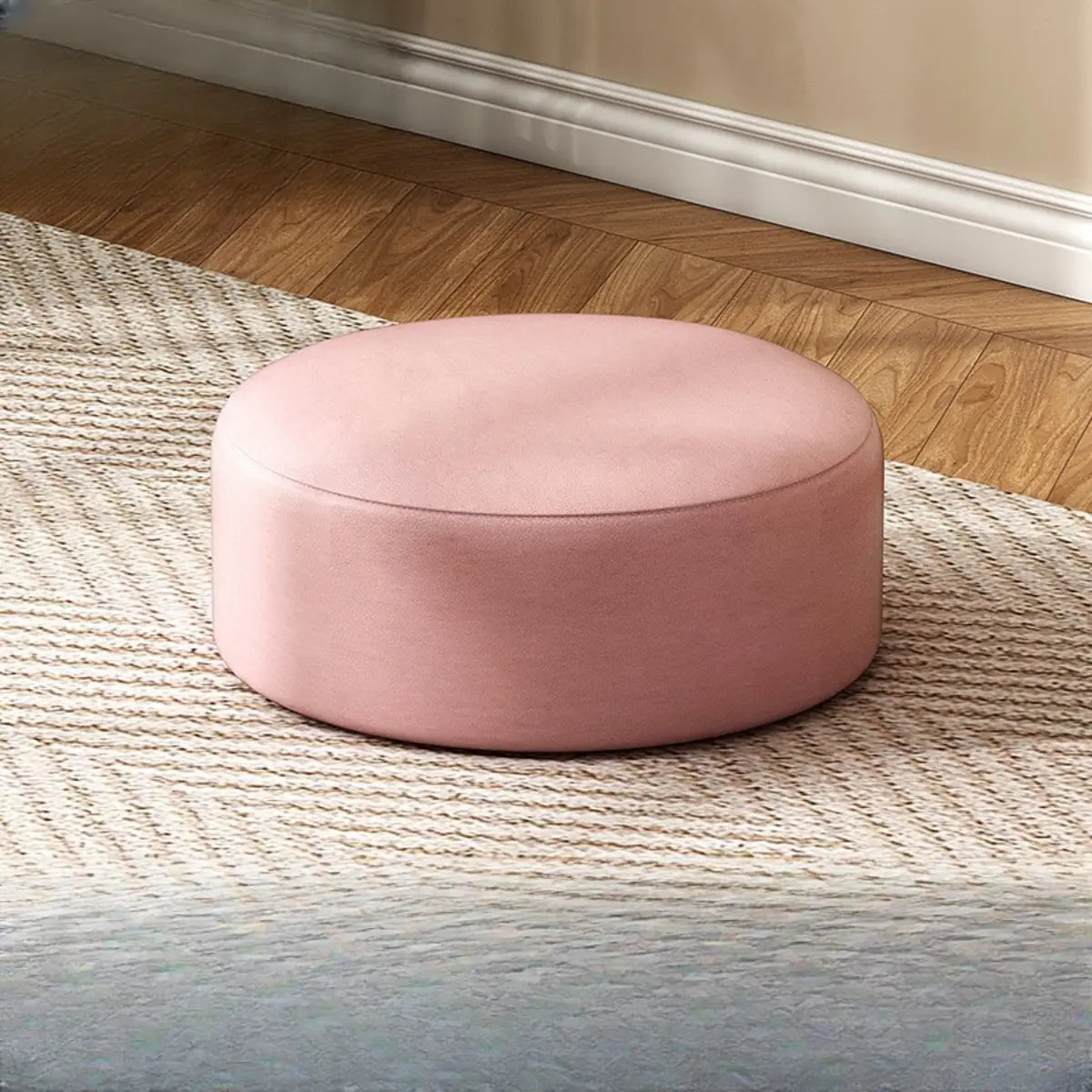 Round Faux Leather Footrest Sponge Small Cushion Ottoman Image - 2