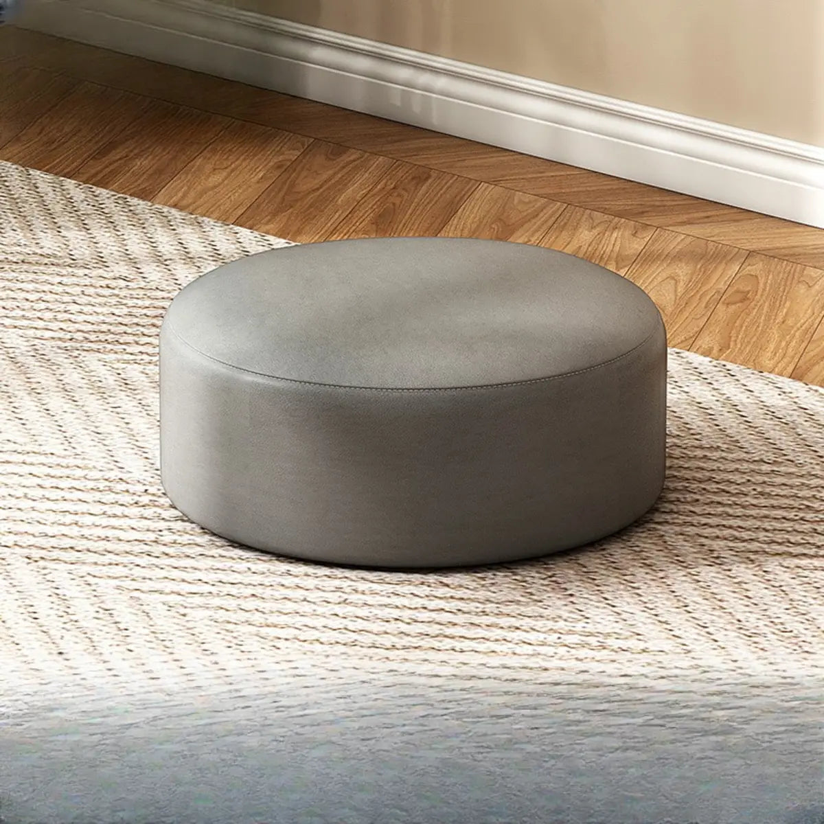 Round Faux Leather Footrest Sponge Small Cushion Ottoman Image - 5