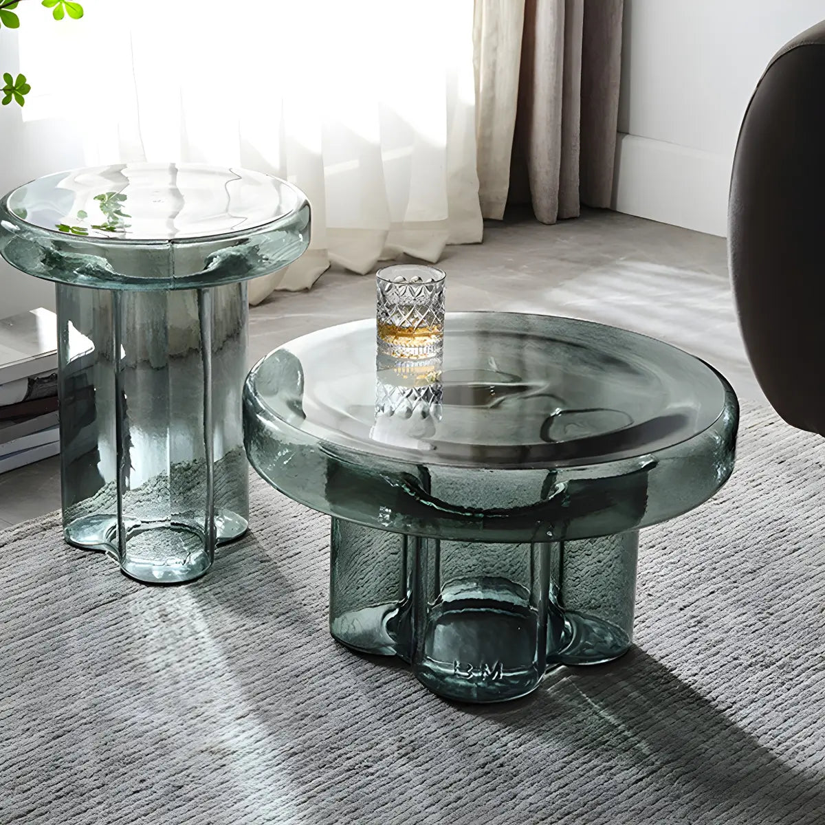 Round Glass Green Decorative Accent Pedestal Side Table Image - 15