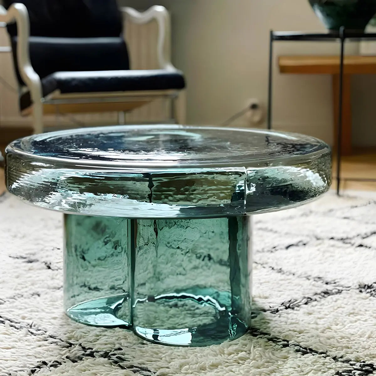 Round Glass Green Decorative Accent Pedestal Side Table Image - 3