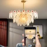 Round Glass Shell Tiered Red Dining Room Chandelier Image - 6