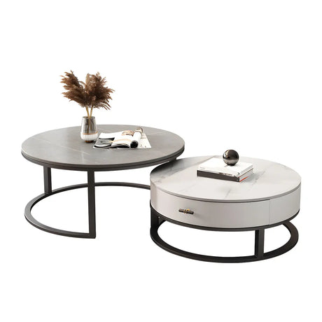 Round Gray Stone Top Iron Nesting Tables with Storage Image - 2