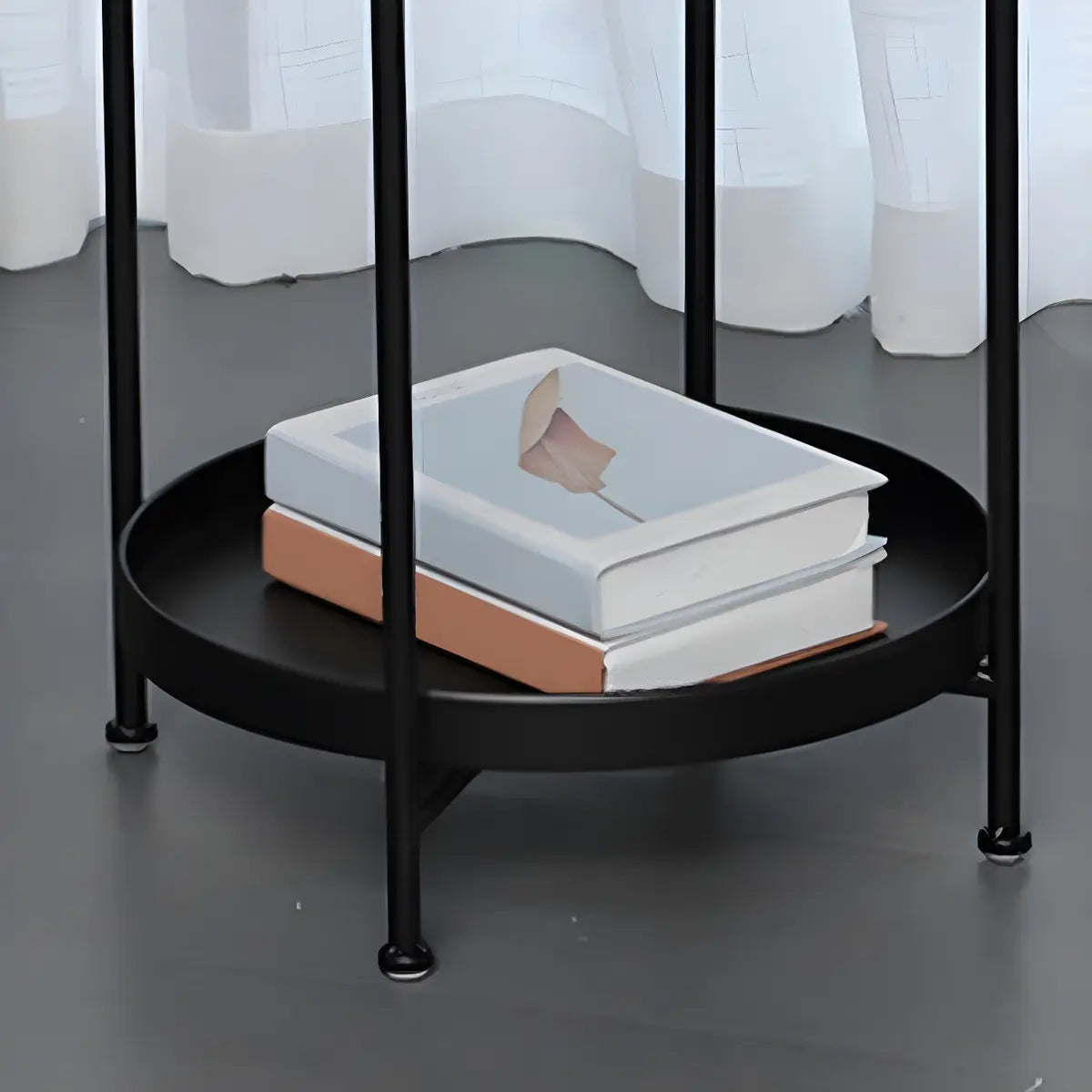 Round Iron Black Tray Top Storage Side Table with Shelf Image - 18