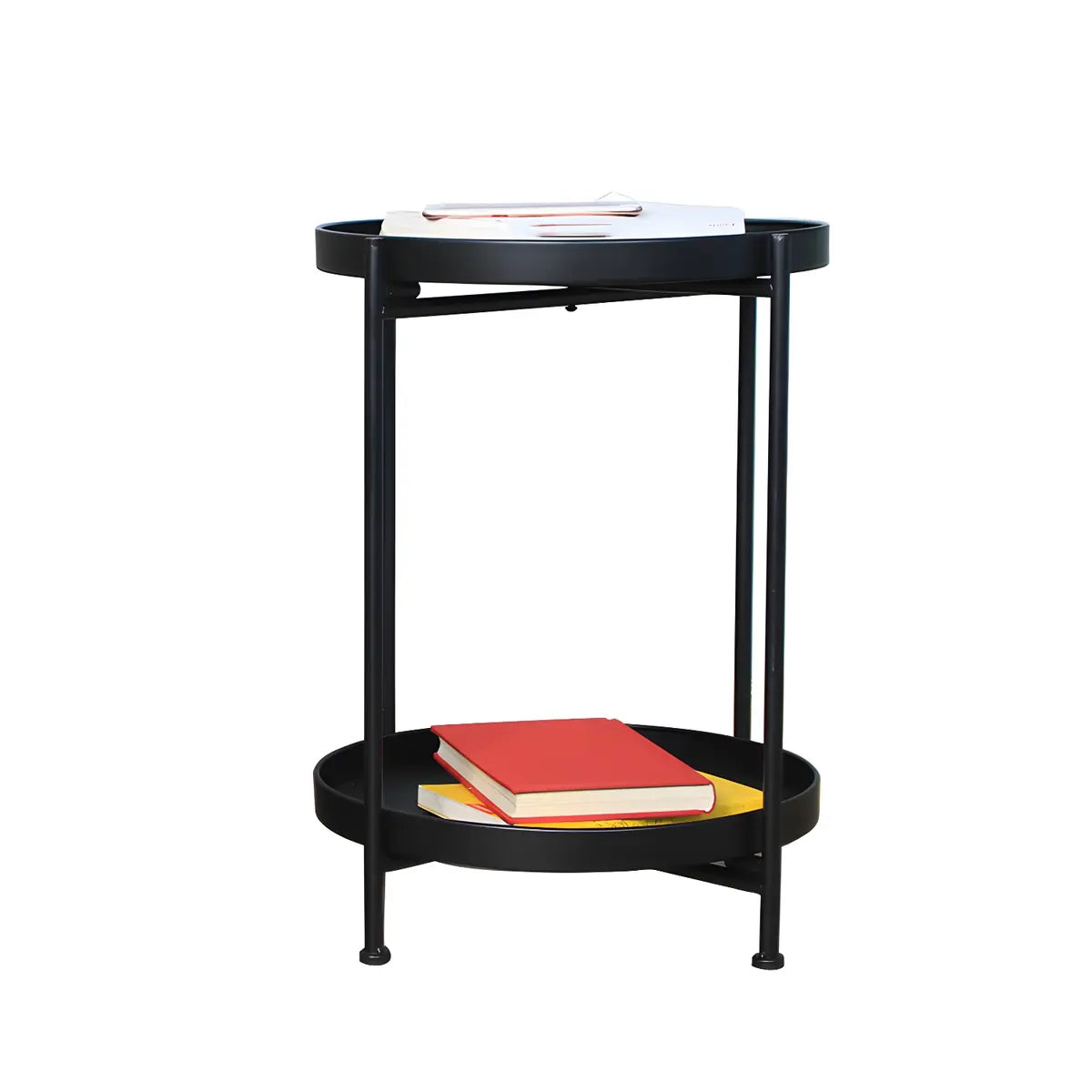 Round Iron Black Tray Top Storage Side Table with Shelf Image - 22