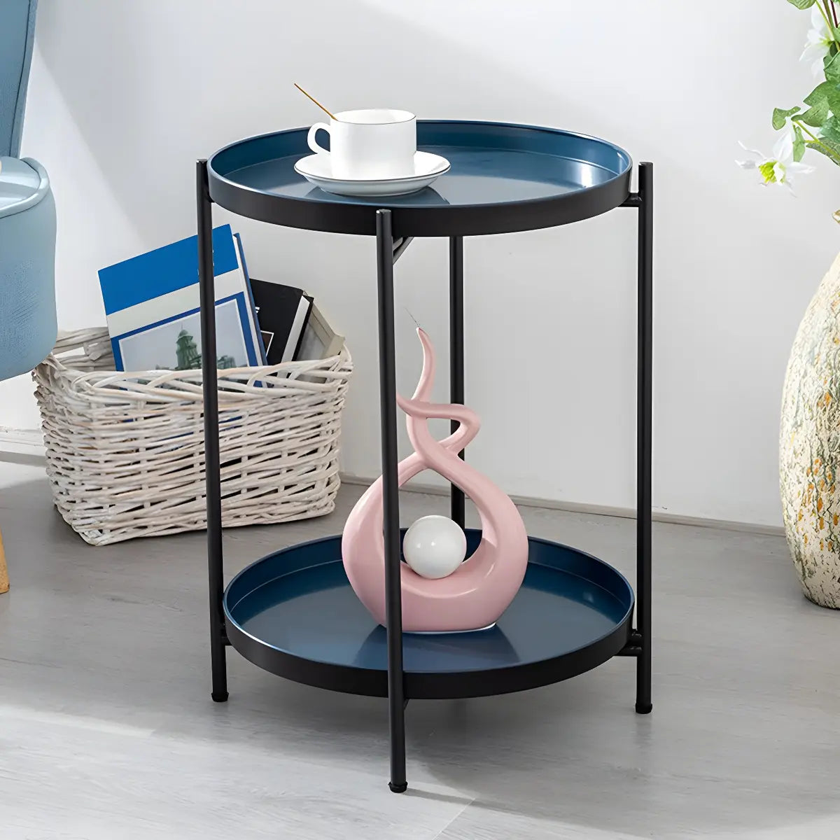 Round Iron Black Tray Top Storage Side Table with Shelf Image - 23