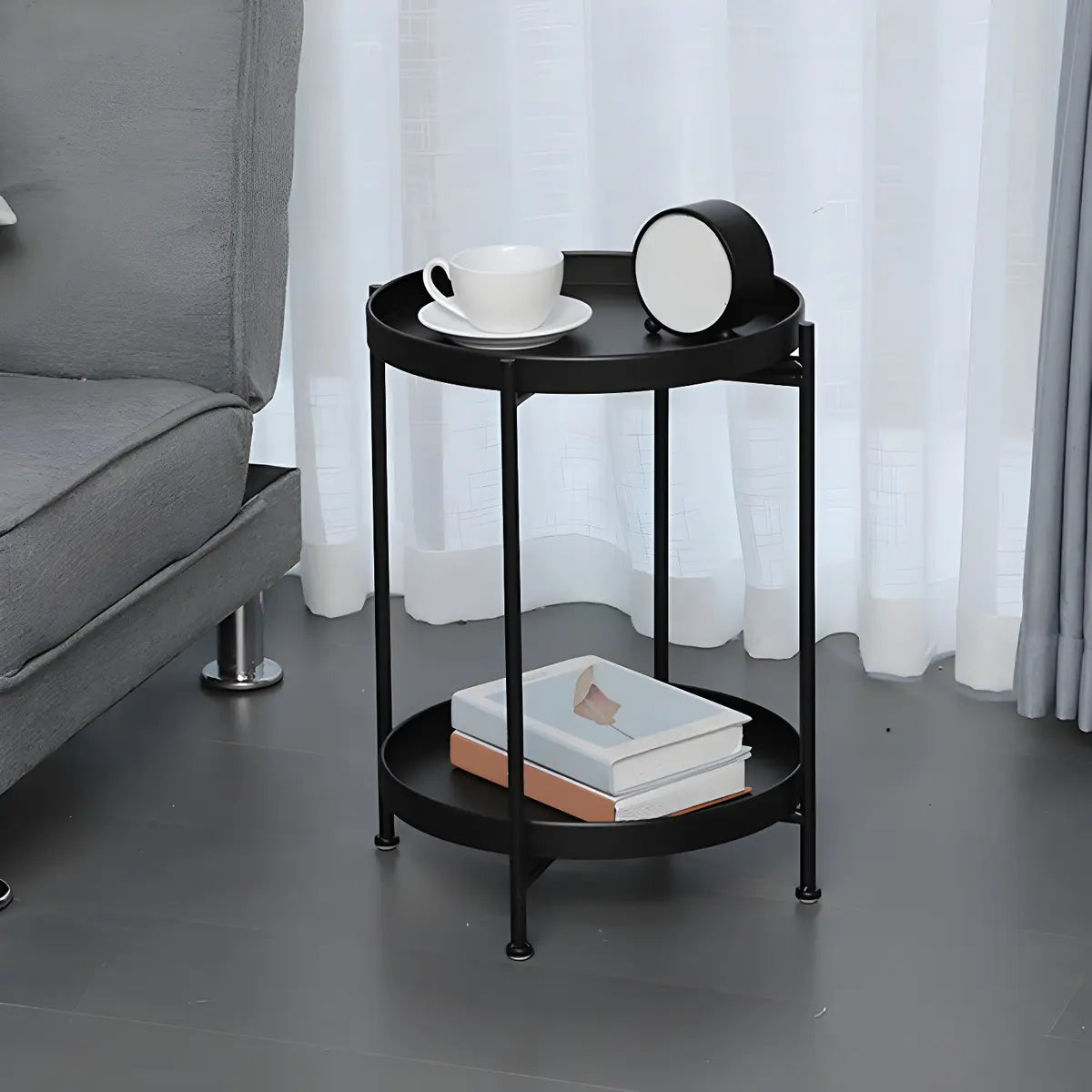 Round Iron Black Tray Top Storage Side Table with Shelf Image - 25