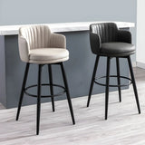 Round Leather Backrest Arm Black Iron Base Bar Stool Image - 1