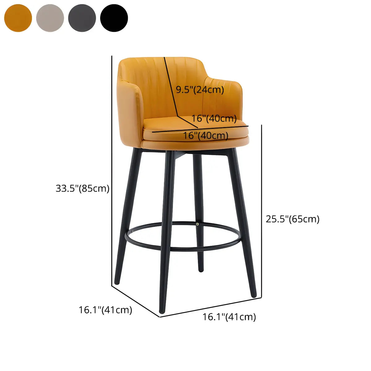 Round Leather Backrest Arm Black Iron Base Bar Stool 