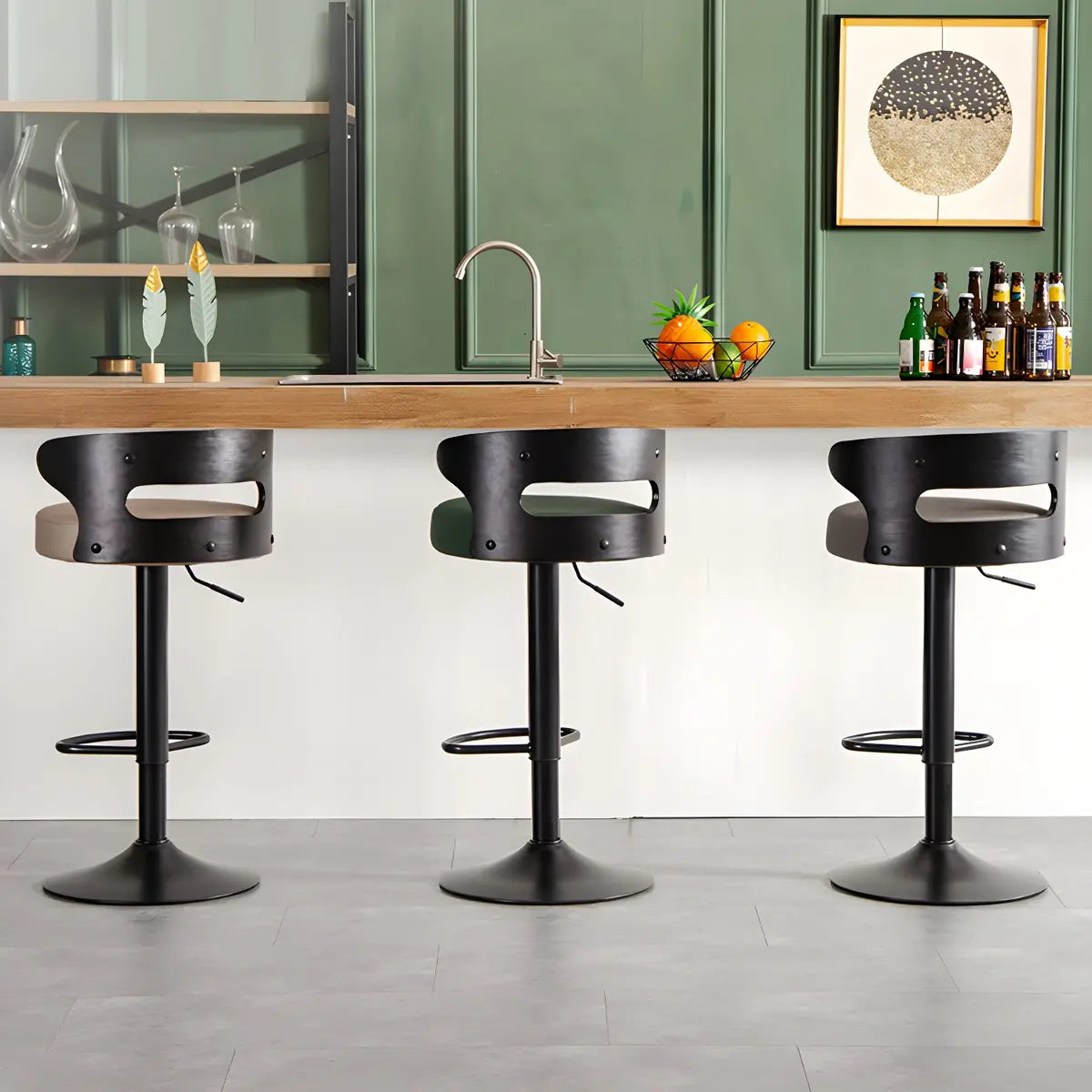 Round Leather Seat Adjustable Pedestal Swivel Bar Stool Image - 4