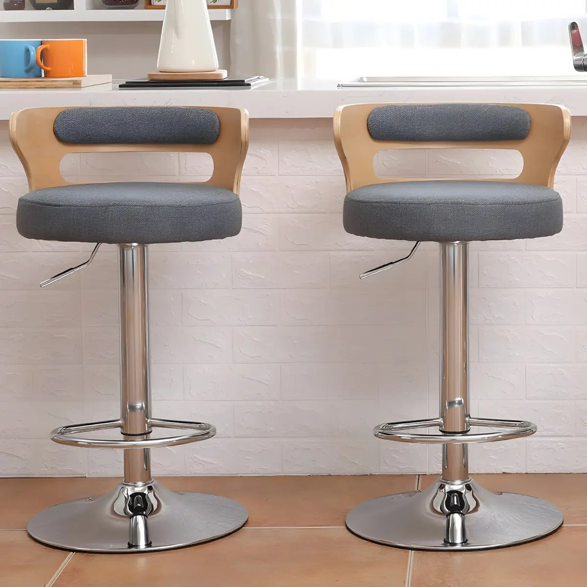 Round Leather Seat Adjustable Pedestal Swivel Bar Stool Image - 8