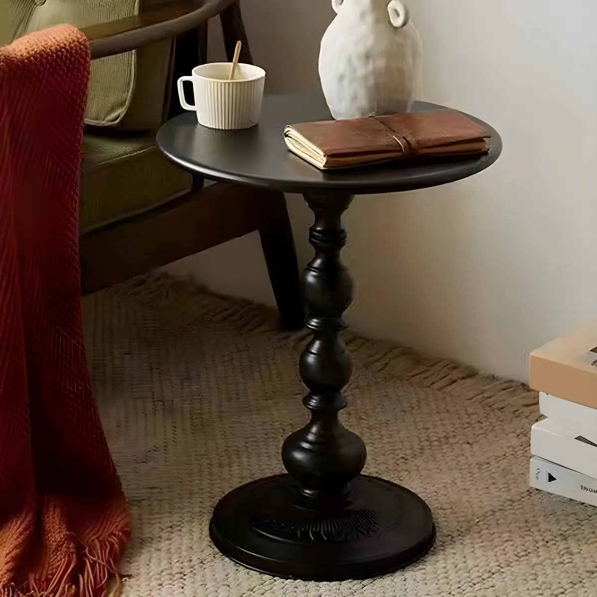 Round Metal Black Chairside Table with Pedestal Base Image - 11