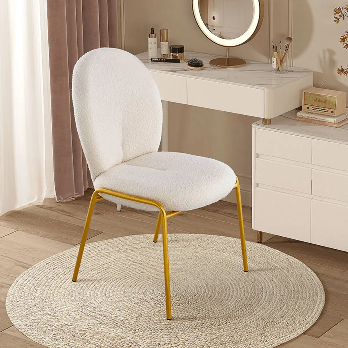 Round Sherpa Upholstered Metal Dining Chairs White Image - 1