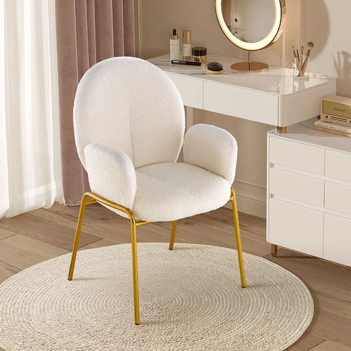 Round Sherpa Upholstered Metal Dining Chairs White Image - 2