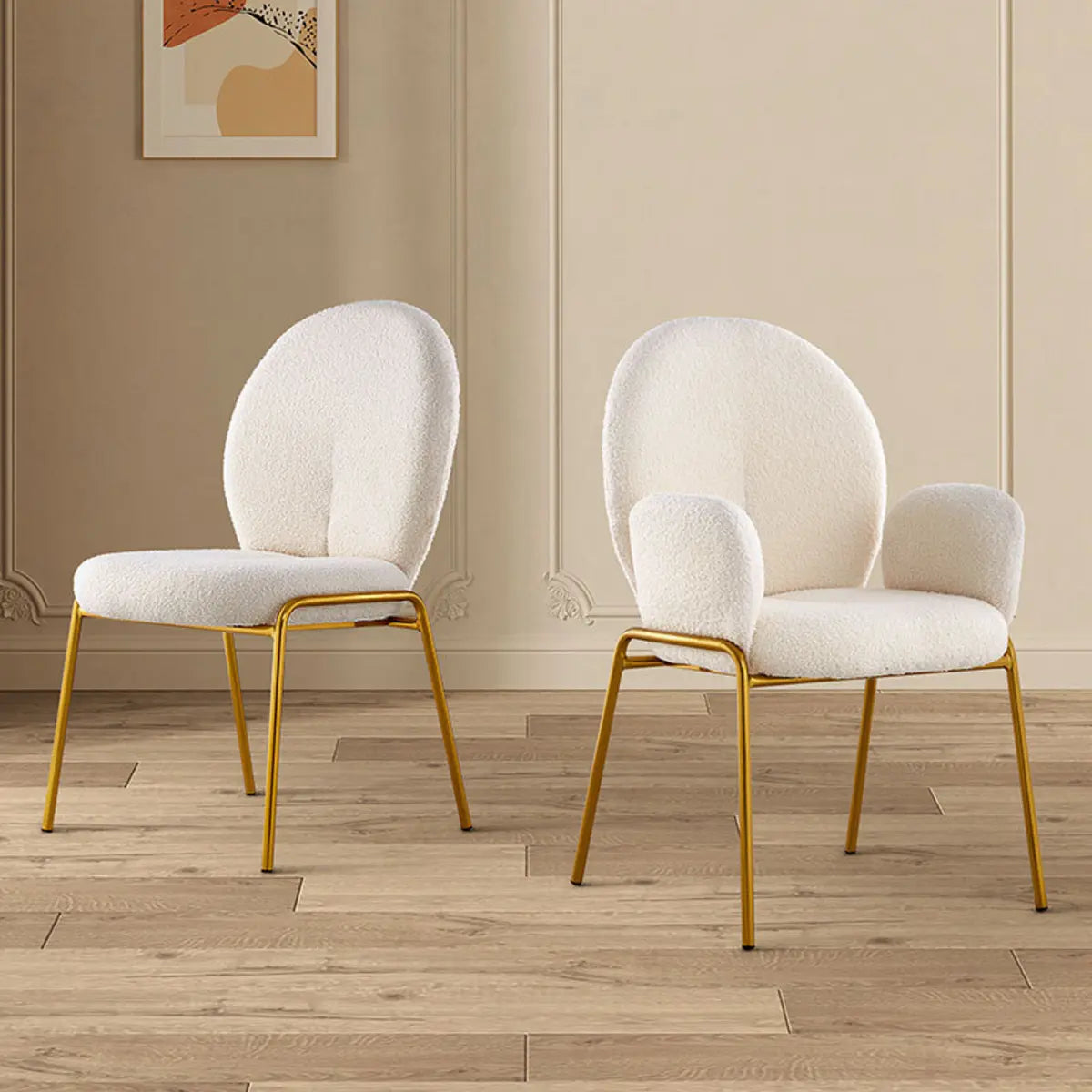 Round Sherpa Upholstered Metal Dining Chairs White Image - 3