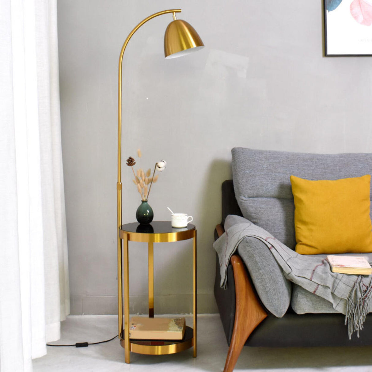 Round Side Table and Dome Gold Adjustable Floor Lamp Image - 6